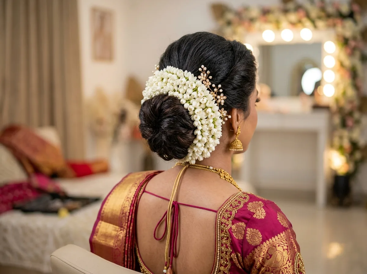 Indian Bridal Hair Styling with Jasmine Flowers